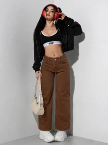 SHEIN PETITE 休閒水洗直筒牛仔褲 - 咖啡棕 - 查看 3