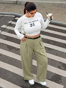 SHEIN EZwear Pantalones de pierna ancha casuales con cierre de botones y cinturón en unicolor para talla grande en otoño/invierno - Verde - Ver 4