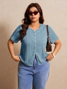Elaquor Plus Size Women Solid Color Front Button Short Sleeve T-Shirt - Baby Blue - View 4