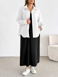 SHEIN Essnce 大尺碼純色極簡細肩帶洋裝搭配單排扣長袖襯衫 2 件套 - 白色 - 查看 3