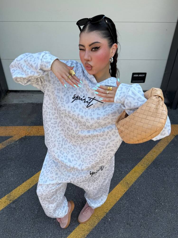 Muchica Plus-Size Knitted Streetwear-Style Leopard Print Hoodie And Sweatpants Two Pieces Set Perfect For Casual Sporty Wear Vacation Sports White Autumn - Multicolor - View 3
