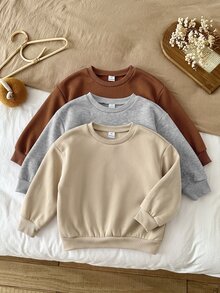 SHEIN LMoss Kids 女童 3 件組針織純色圓領寬鬆休閒秋季運動衫套裝 - 棕色 - 查看 10