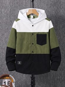 SHEIN Tween Boy Casual Colorblock Patchwork Hooded Shirt With Pockets, Suitable For Autumn, Spring, Winter, Ideal For Outdoor Play, School, Streetwear, Parties And Home Leisure, High Cost-Performance - Army Green - View 2