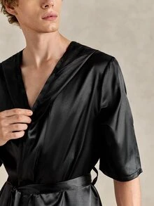 EverLounge Men's Solid Color Short Sleeve Hooded Robe - Black - View 6