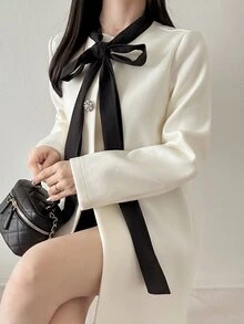 FRIFUL Mantel Wanita Lengan Panjang Elegan dengan Desain Simpul untuk Musim Gugur/Dingin - Krem - View 2