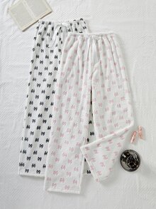 Napfluff Cute Autumn/Winter Plush Bowknot Print Long Pajama Pants 2 Pieces Set For Women - Multicolor - View 1
