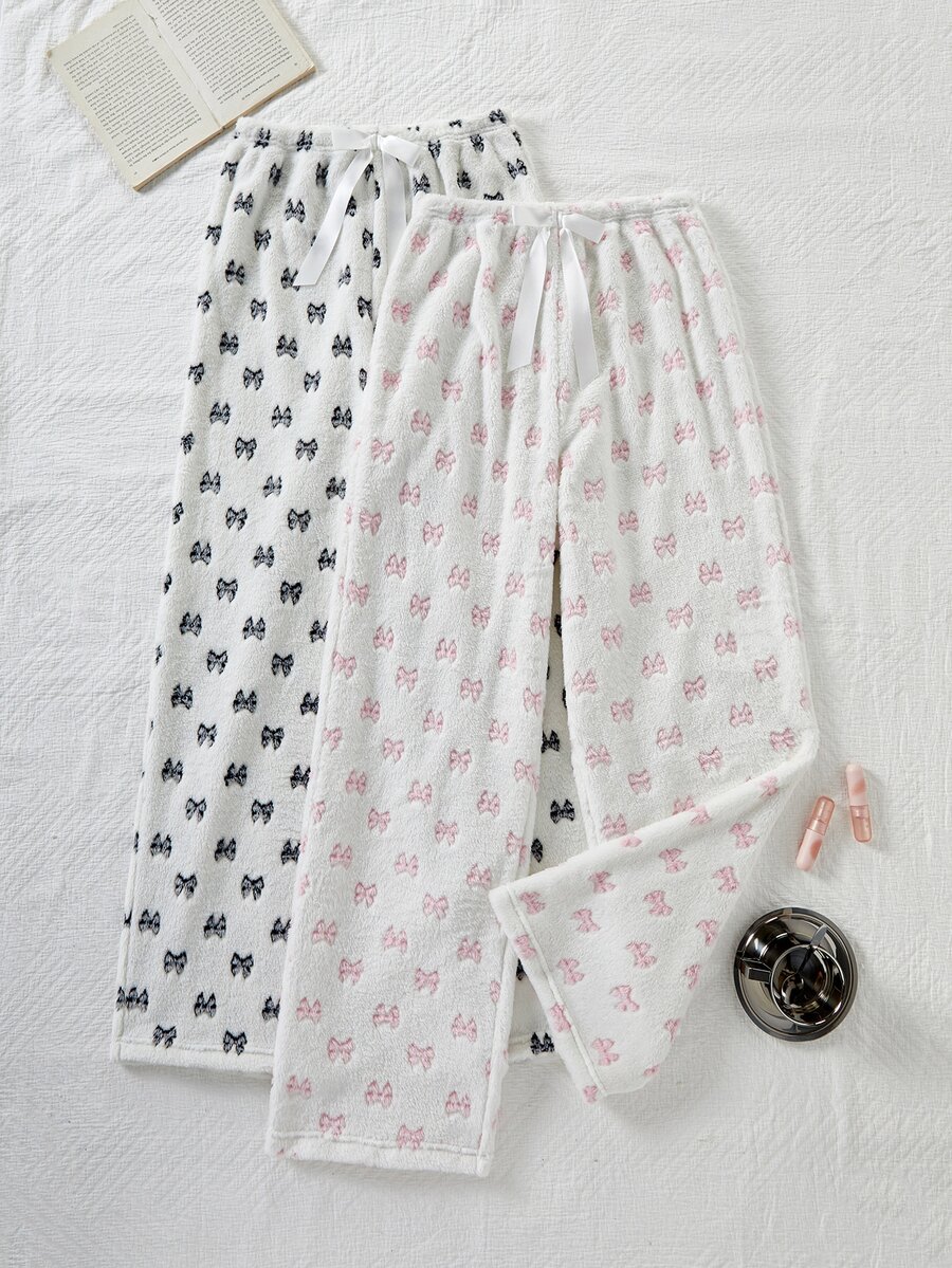 Napfluff Cute Autumn/Winter Plush Bowknot Print Long Pajama Pants 2 Pieces Set For Women - Multicolor - View 1