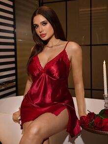 SilkySpell Burgundy Lace Front Hem With Small Slit Sexy Plus Size Women's Nightgown - Burgundy - View 5