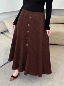 Lacomfia Autumn/Winter Elegant Casual Knit Ribbed Patchwork Waist-Cinched Loose Fit Versatile Plus Size Women's Skirt - Rust Brown - View 5
