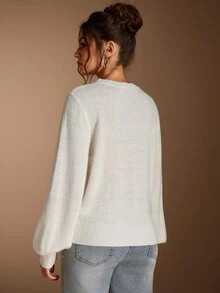 SHEIN BASICS 女款素色休閒百搭日常穿著長袖針織衫 - 白色 - 查看 9