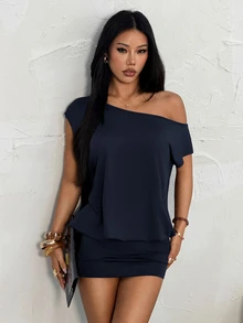 SHEIN PETITE 鏤空單肩短袖迷你洋裝，上鬆下緊，適合年輕女士 - 藏蓝色 - 查看 3