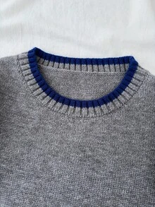 Tween Girl Autumn/Winter Fashion Commute Round Neck Colorblock Pullover Loose Drop Shoulder Long Sleeve Sweater, Suitable For Back To School - Light Grey - View 4