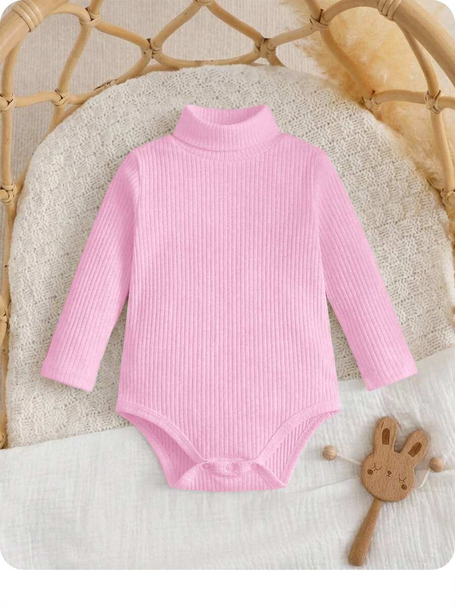 Body de cuello alto de punto acanalado para bebé niña, otoño - Rosa Pálido - Ver 1