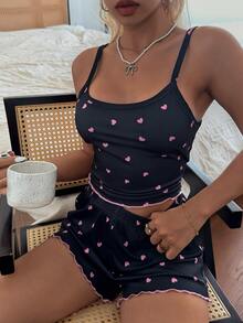 Softscene Heart Print Sexy Style Women's Camisole & Shorts Loungewear Set - Black - View 3