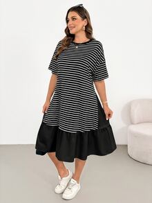 Shapeblank Plus Size Summer Casual Striped Patchwork Dress - Black and White - View 3