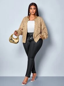 SOLERSUN Plus Size Women's Printed Baseball Jacket Short Zip-Up Jacket With Pocket Design Vintage Top Fall - Khaki - View 2