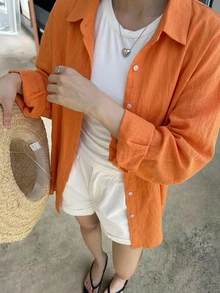 DAZY 女款純色單排扣休閒百搭日常穿著襯衫 - 橘色 - 查看 5