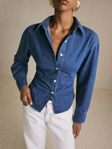 Poéselle Women's Fashion Single-Breasted Cinched Waist Long Sleeve Denim Top - Medium Wash - View 6
