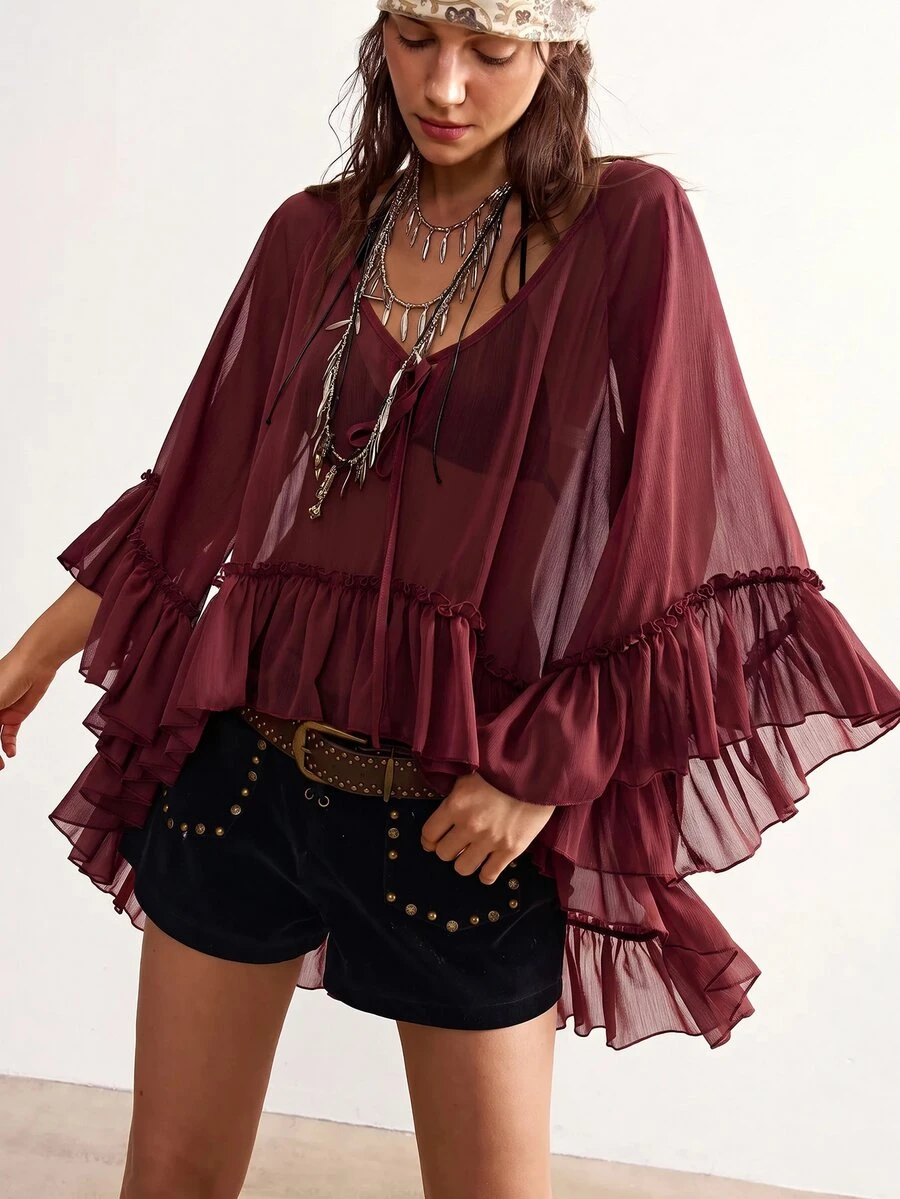 Bohemela Casual Solid Color Woven Ruffle Trim Oversized Women's Shirt - Rust Brown - View 1