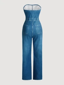 SHEIN LUNE Women's Blue Strapless Jumpsuit Two-Piece Set – Perfect For Street Style, Vacation, Festivals, And Sexy Club Nights; Suitable For All Seasons. - Blue - View 3