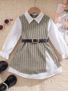 SHEIN Young Girls Autumn/Winter Cute Colorblock Faux Two-Piece White Long Sleeve Dress - 杏色 - 查看 4