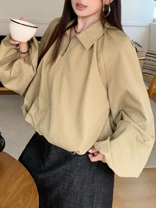 Dazy Plus Solid Color Loose Fit Lapel Lantern Sleeve Casual Elegant Vacation Fall Doll Blouse Jacket Office Going Out Beige - Khaki - View 6