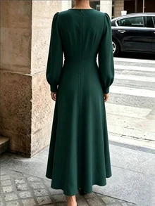 SHEIN Fall New Year Vintage Mature French Elegant-Style Ethereal Fairy-Style Dark Green Birthday Cocktail Office Tea Party Dresses - Green - View 3