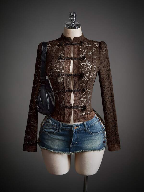 SHEIN ICON Fall Women's Halloween Vintage Lace Blouse Brown Mandarin Collar Frog Button Slim Fit Long Sleeve Elegant Sexy Lace Frog Button Blouse