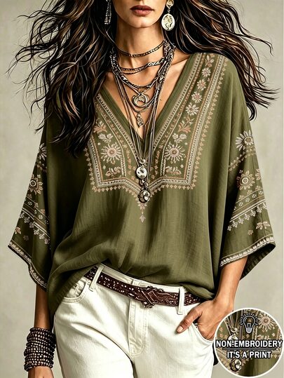 Glimmora Blusa de mujer con estampado floral de bordado falso de estilo bohemio, top holgado con cuello en V, mangas murciélago 3/4 favorecedor, camisa casual para vacaciones y viajes en el campo y la playa