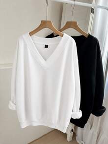 Comfylo Black & White 2pcs Set Plus Size V-Neck Loose Sweatshirt, Suitable For Autumn/Winter - Multicolor - View 1