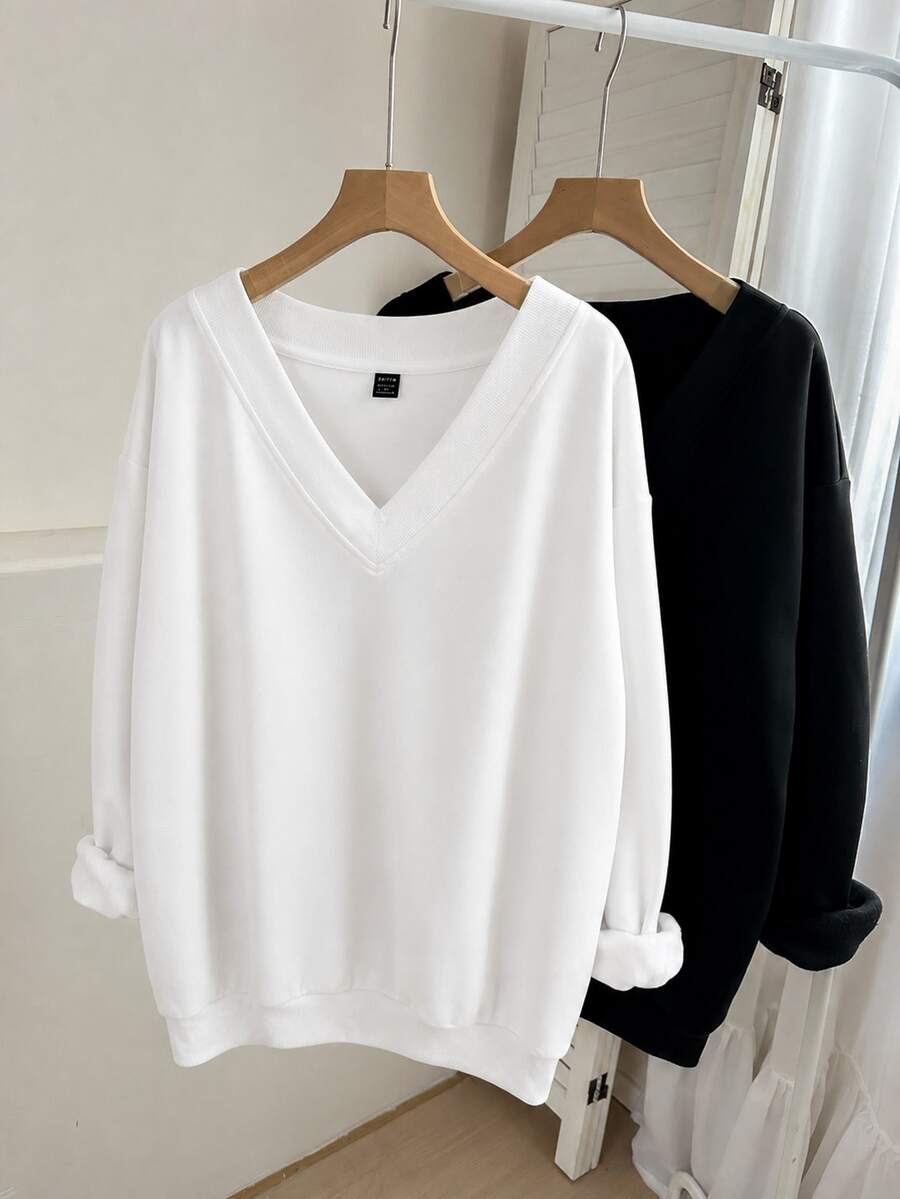 Comfylo Black & White 2pcs Set Plus Size V-Neck Loose Sweatshirt, Suitable For Autumn/Winter - Multicolor - View 1