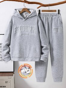 SHEIN 青少年男孩 2件組休閒灰色連帽衛衣與運動長褲，附3D字母印花，適合秋冬返校季節 - 淺灰色 - 查看 2