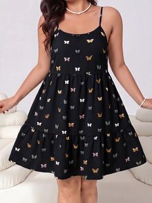 SHEIN EZwear 女款大尺碼全印花休閒日常夏季細肩帶洋裝 - 黑色 - 查看 3