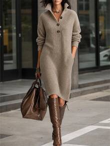 Balvessa Women's Solid Color Drop Shoulder Long Sleeve Button Half-Placket Casual Knit Dress - Camel - View 1