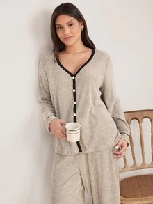 Doze Lane Casual Elegant Tropical Ribbed Contrast Trim Open Front V-Neck Long Sleeve Pants Plus Size Pajama Set Sleep Night Gray White Autumn - Khaki - View 4
