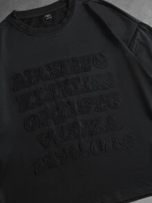 PAVTROS 男士字母拼接圓領短袖休閒T恤 - 黑色 - 查看 5