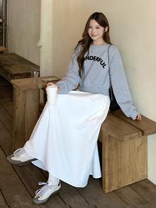 DAZY Gaun Midi Sweatshirt Lengan Panjang 2 in 1 Leher Bulat Wanita untuk Musim Gugur - Grey - View 4