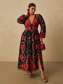 Travachic Plus Size Women's Black & Red Floral Print Long Dress, Long Sleeve V-Neck Front Slit Romantic Dress - Black - View 7