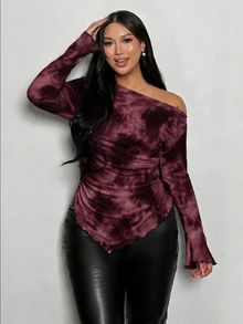 Firerie Plus Size Women's Tie-Dye Long Sleeve Asymmetrical Hem Fashion T-Shirt Fall - Multicolor - View 4