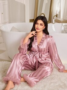 MuseNap CURVE Pink Satin Vertical Striped Mesh Trim Tie Front Plus Size Pajama Set - Pink - View 4