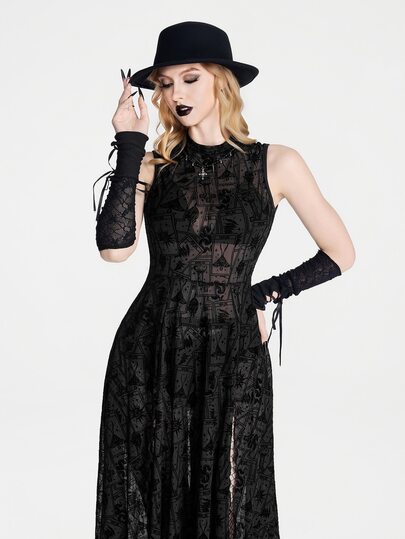 Breakform Women's Halloween Dark Pattern Printed Sheer Mesh Textured Asymmetrical Long Dress, Double Side High Slit Flowy Hem, Dark Vintage Vacation Casual Solid Color Dress (Random Floral Cut, No Direction)