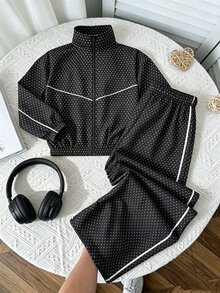 SHEIN 2件組青少年女孩黑色波點立領拉鍊休閒運動夾克＋長褲套裝，適合戶外休閒運動，四季皆宜 - 黑色 - 查看 5