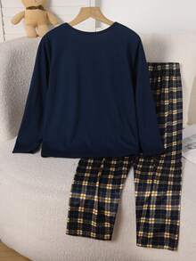 2pcs/Set Tween Boys' Home Wear, Solid Color Long Sleeve Top And Plaid Print Long Pants, Comfortable Soft Loungewear Set - Multicolor - View 2