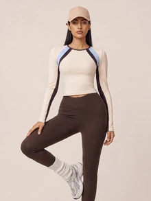 SHEIN BAE Women's Colorblock Raglan Long Sleeve Casual Fitness Sports T-Shirt - Coffee Brown - View 3