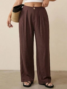 Dazy Plus Solid Color Loose Wide Leg Pants With Pockets, Casual Vacation Summer Long Pants - Brown - View 4