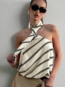 Hauture Women's Sexy Casual Office Night Out Brunch Black And White Striped Necktie Design Halter Neck Elastic Back Top Summer - Multicolor - View 3