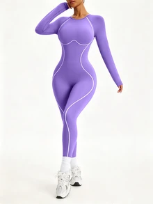 Easithlete Easithlete Women's White & Purple Colorblock Seamless Long Sleeve Yoga Jumpsuit - Purple - View 9