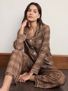 Doze Lane Women's Bubble Crinkle Plaid Lapel Button-Front Long Sleeve Long Pants Pajama Set - Coffee Brown - View 1