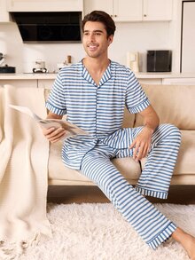 CoupledUp Men's Blue Striped Print Small Lapel V-Neck Thin Short Sleeve Long Pants Casual Comfortable Wearable 2 Pieces Pajama Set - Blue - View 5