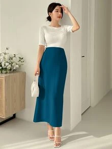 DAZY Chân váy nữ thanh lịch đi làm màu trơn xẻ sau mùa thu - Màu xanh lam - Xem 2